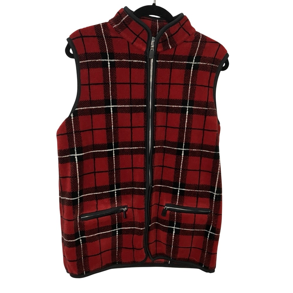 Robert Kitchen Canada Red Plaid Fleece Vest Full Zip Mock Neck Women L